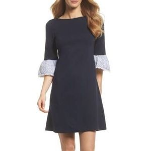 Eliza J Navy Fit and Flare Midi Dress with Embroidered Bell Sleeves